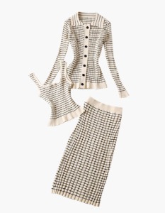 stripe knit cardigan+crop top+skirt set